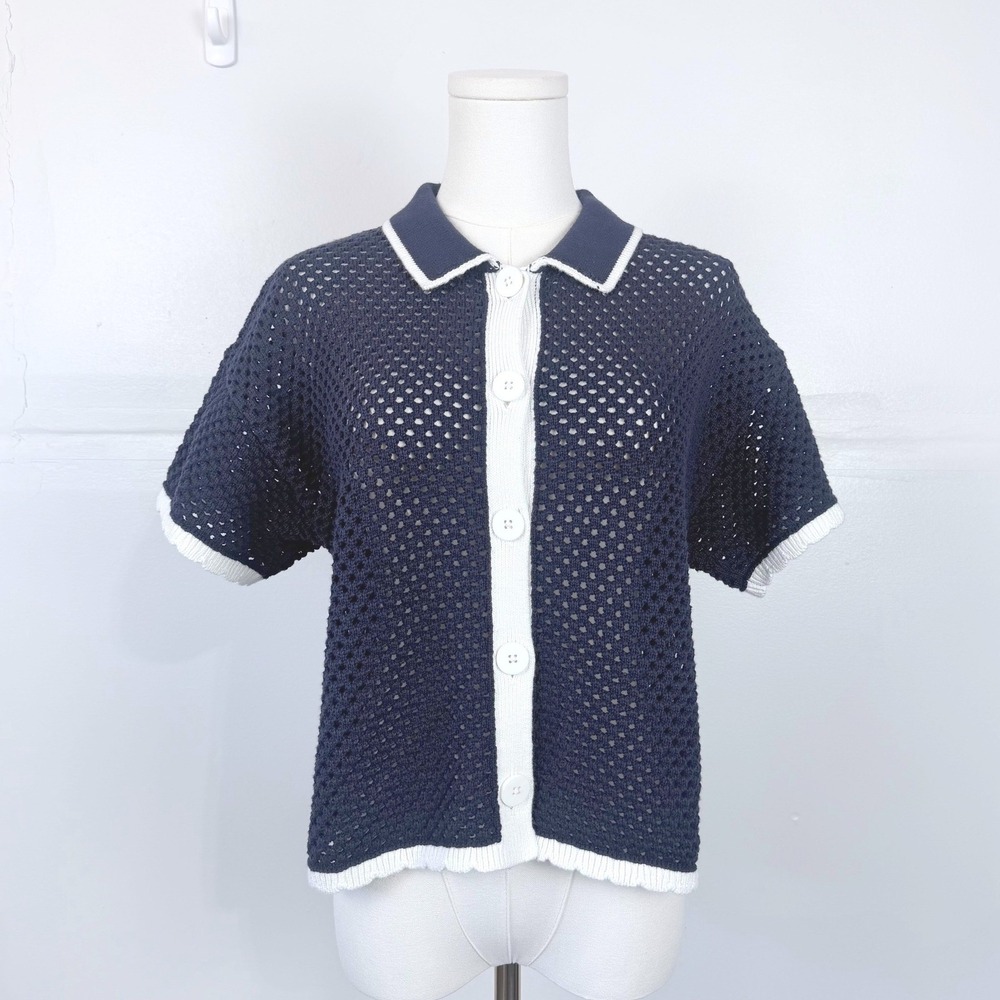 Gap Women Navy Blue Crochet Sweater Shirt Preppy Tennis Relaxed Polo Top Small